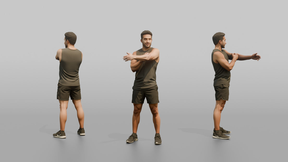Fitness Influencer Man Stretching One Arm Across The Chest - 3D character model, view 1