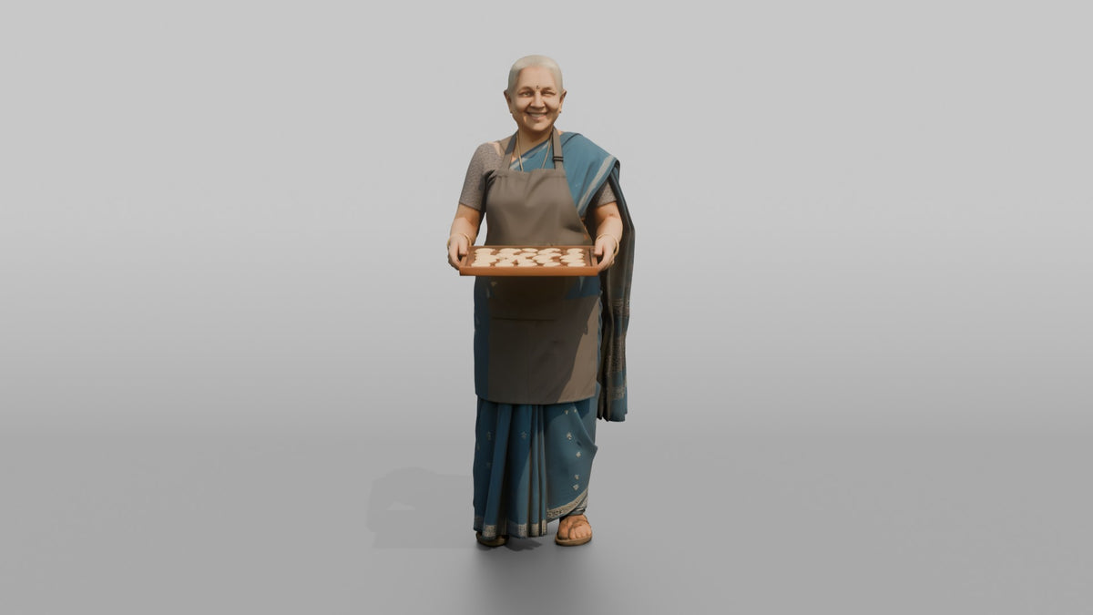 Grandmother Holding A Tray Of Freshly Baked Cookies - 3D character model, view 5