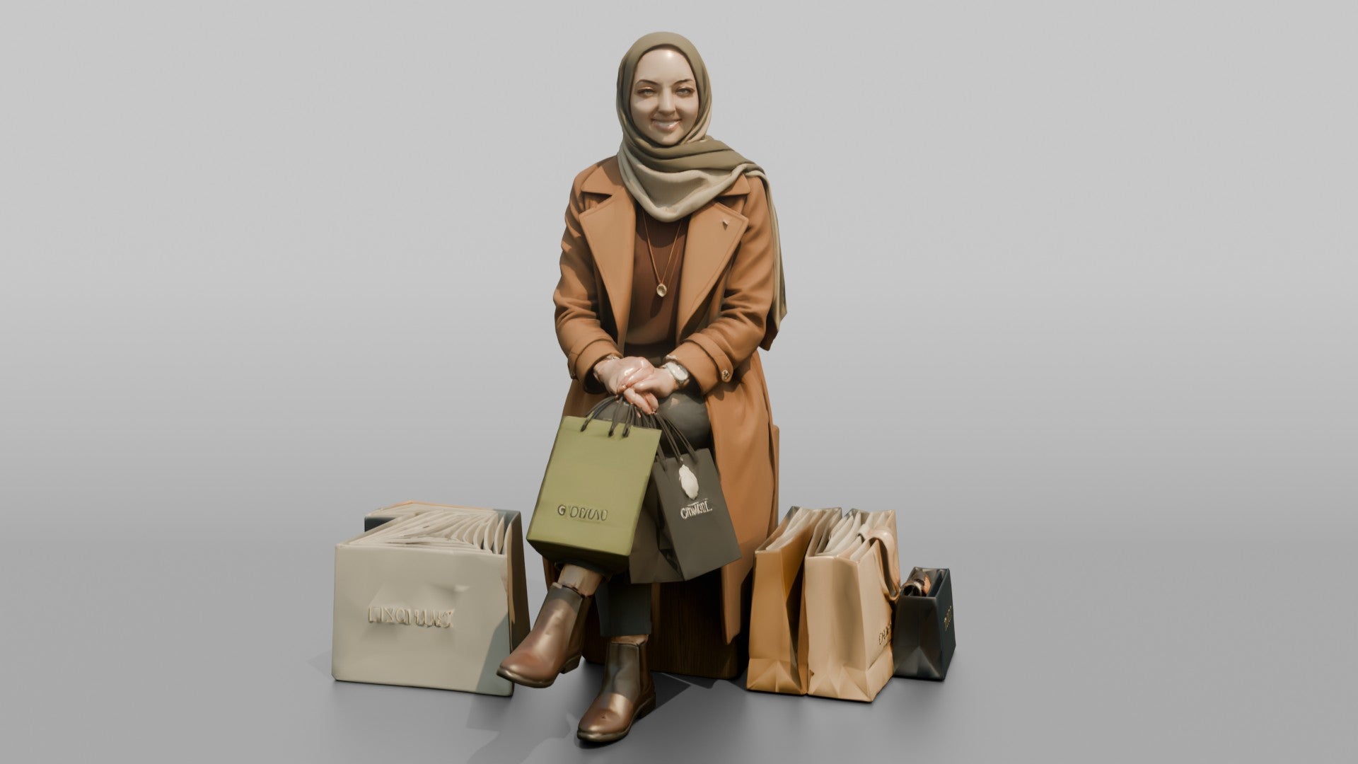 Hijab Woman in Camel Coat Sitting with Shopping Bags