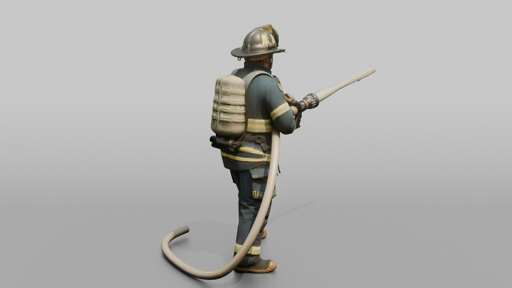 Firefighter Man Directing High-pressure Stream with Hose Nozzle