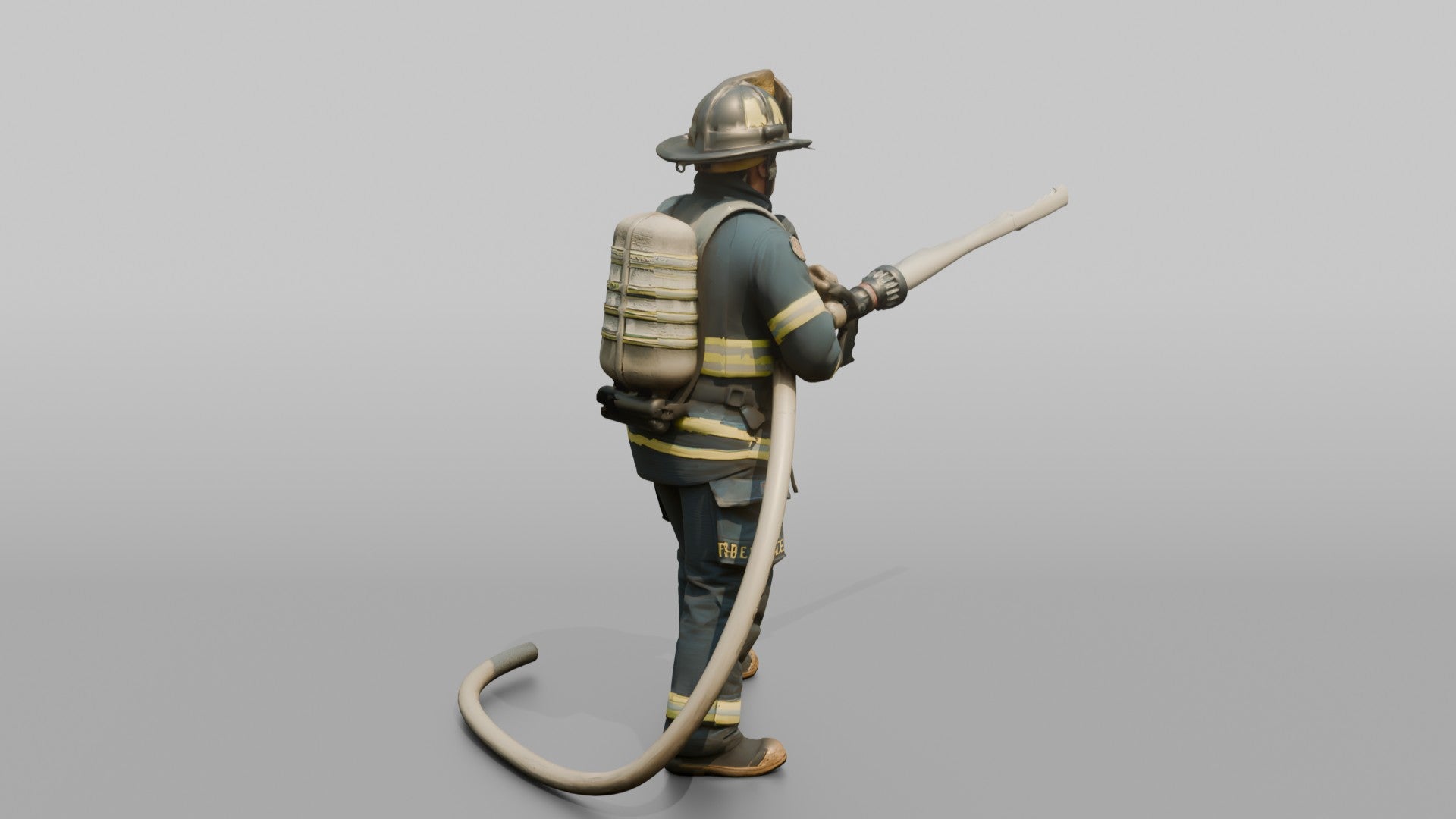 Firefighter Man Directing High-pressure Stream with Hose Nozzle