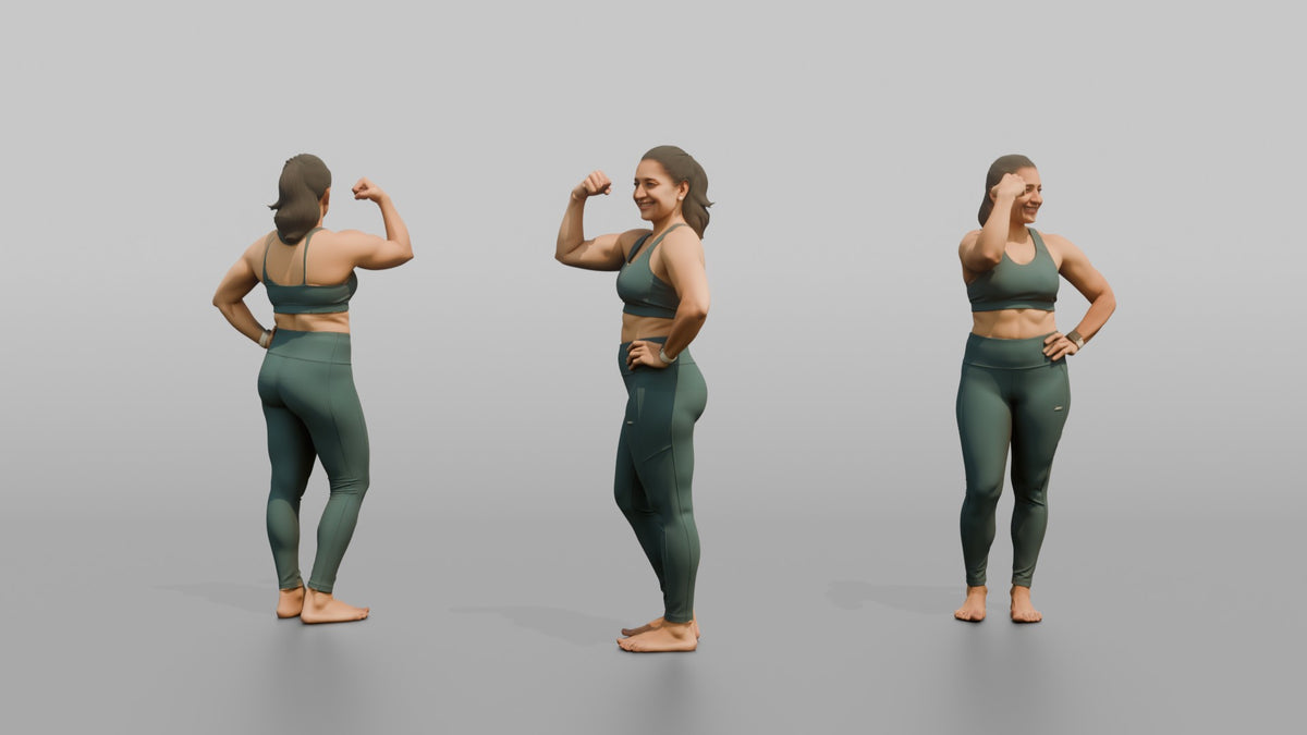 Physique Model Woman Flexing A Side Pose, One Hand On Hip - 3D character model, view 1