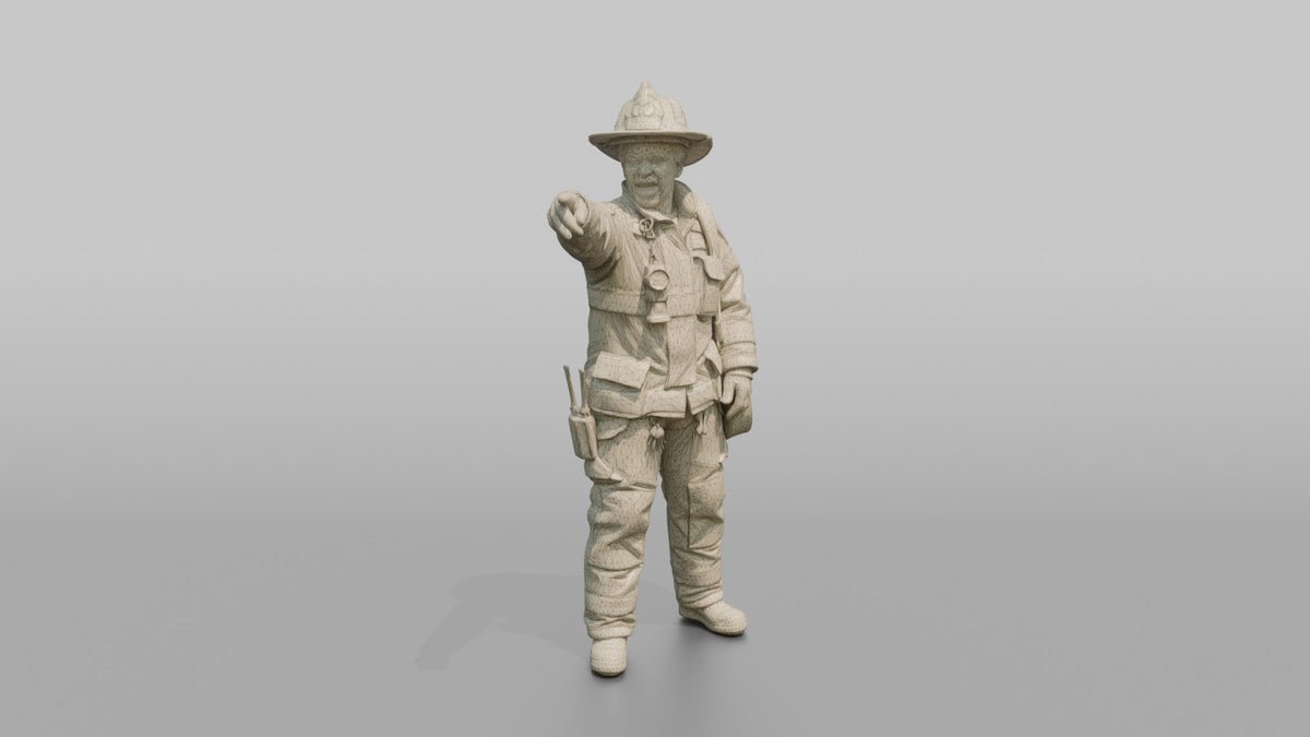 Firefighter Woman Pointing Urgently Off-camera While Calling Out Instructions - wireframe topology preview