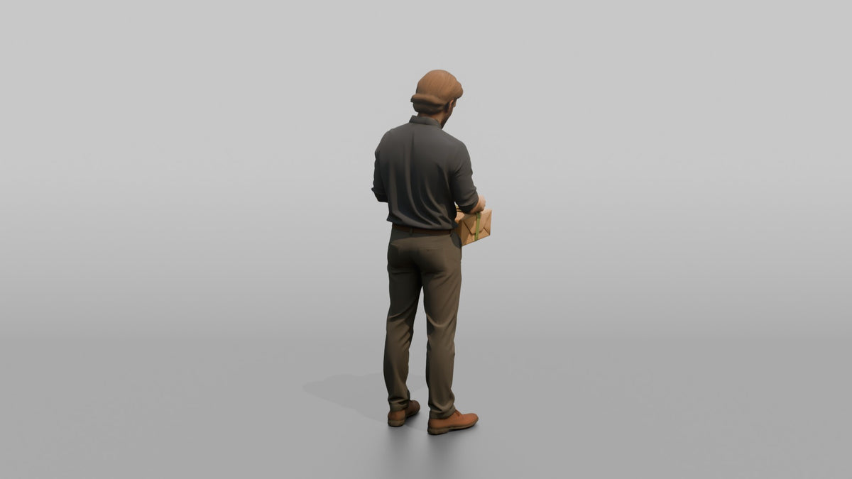 Man Sales Associate Wrapping A Gift Box With Ribbon - 3D character model, view 3