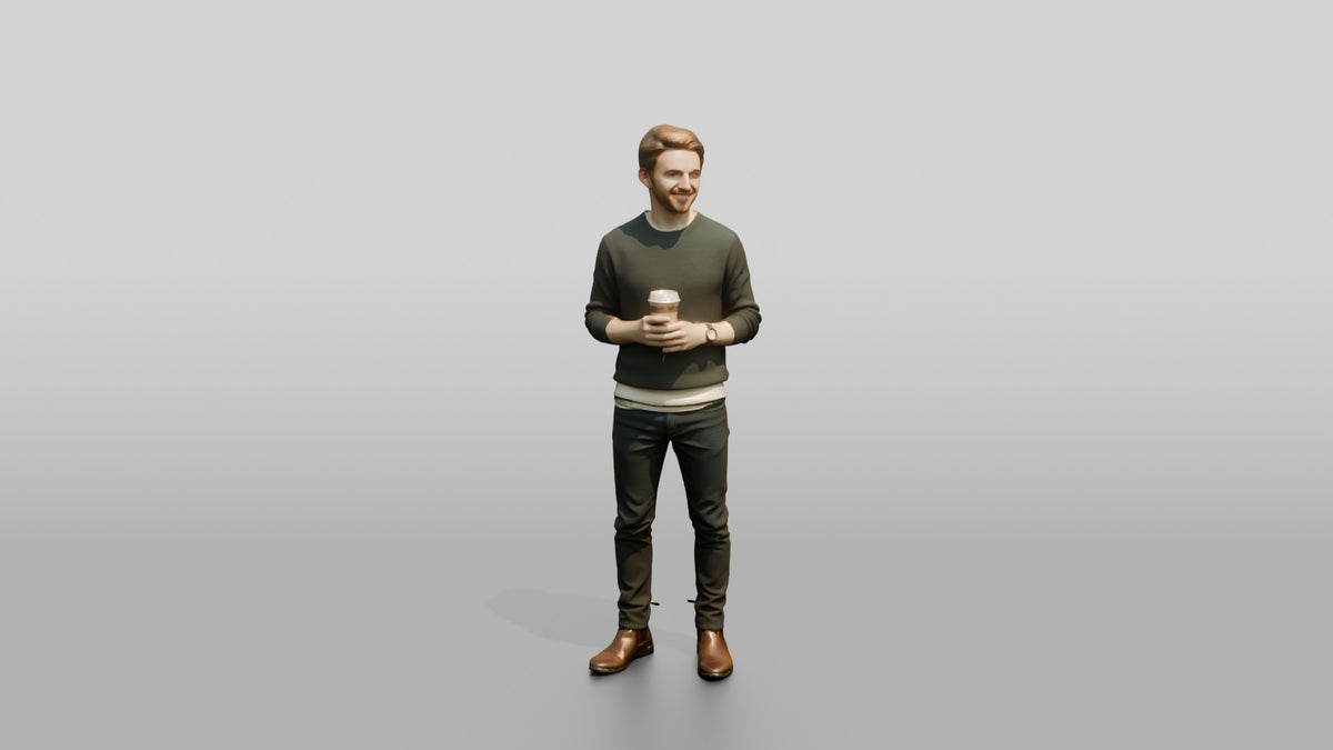 Homeless Man Holding a Steaming Paper Coffee Cup - 3D character model, view 5