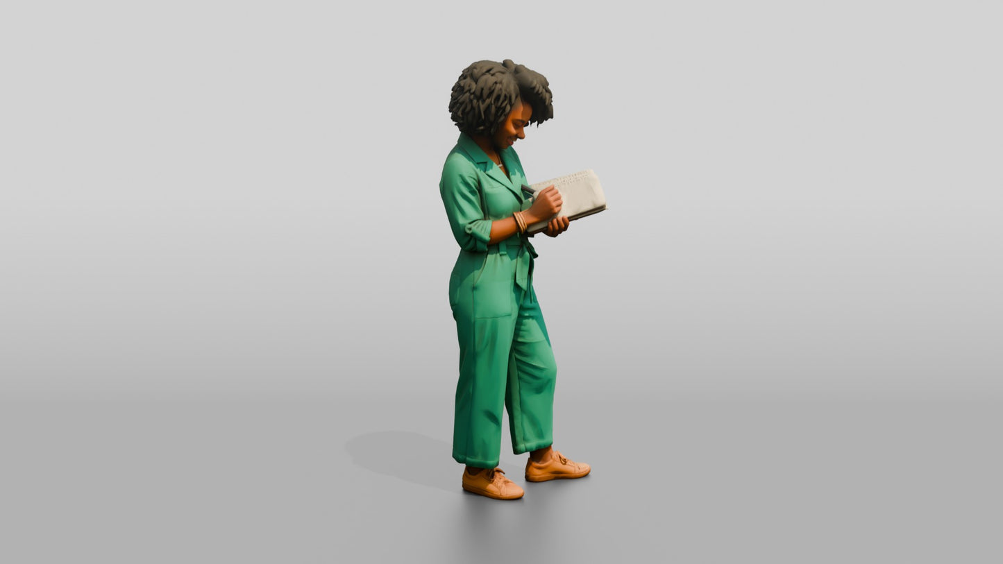 Woman Reading a Document in a Jumpsuit