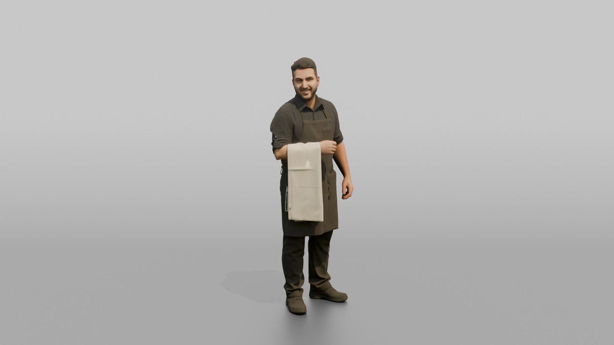 Server Man Draping A Table Cloth Over One Arm - 3D character model, view 5