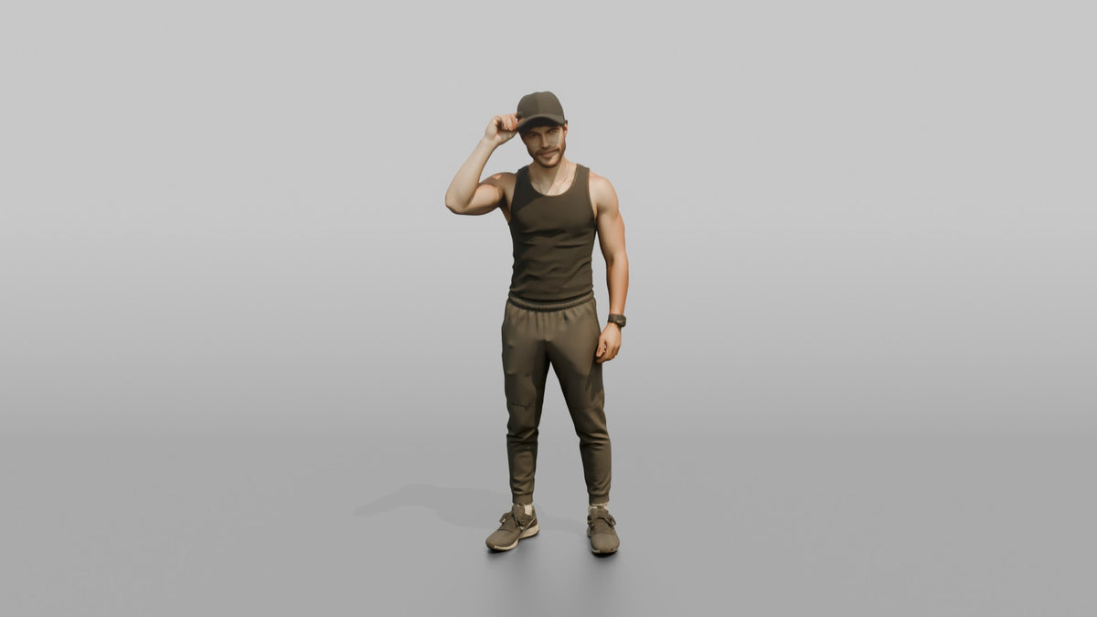 Fitness Influencer Man Standing With One Hand Adjusting A Cap - 3D character model, view 5