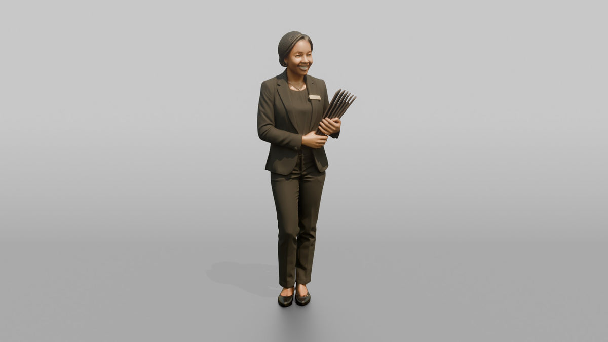 Host Man Holding A Stack Of Menus Against Their Chest - 3D character model