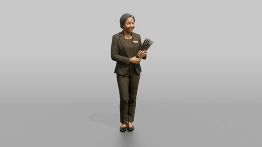 Host Man Holding A Stack Of Menus Against Their Chest - 3D character model
