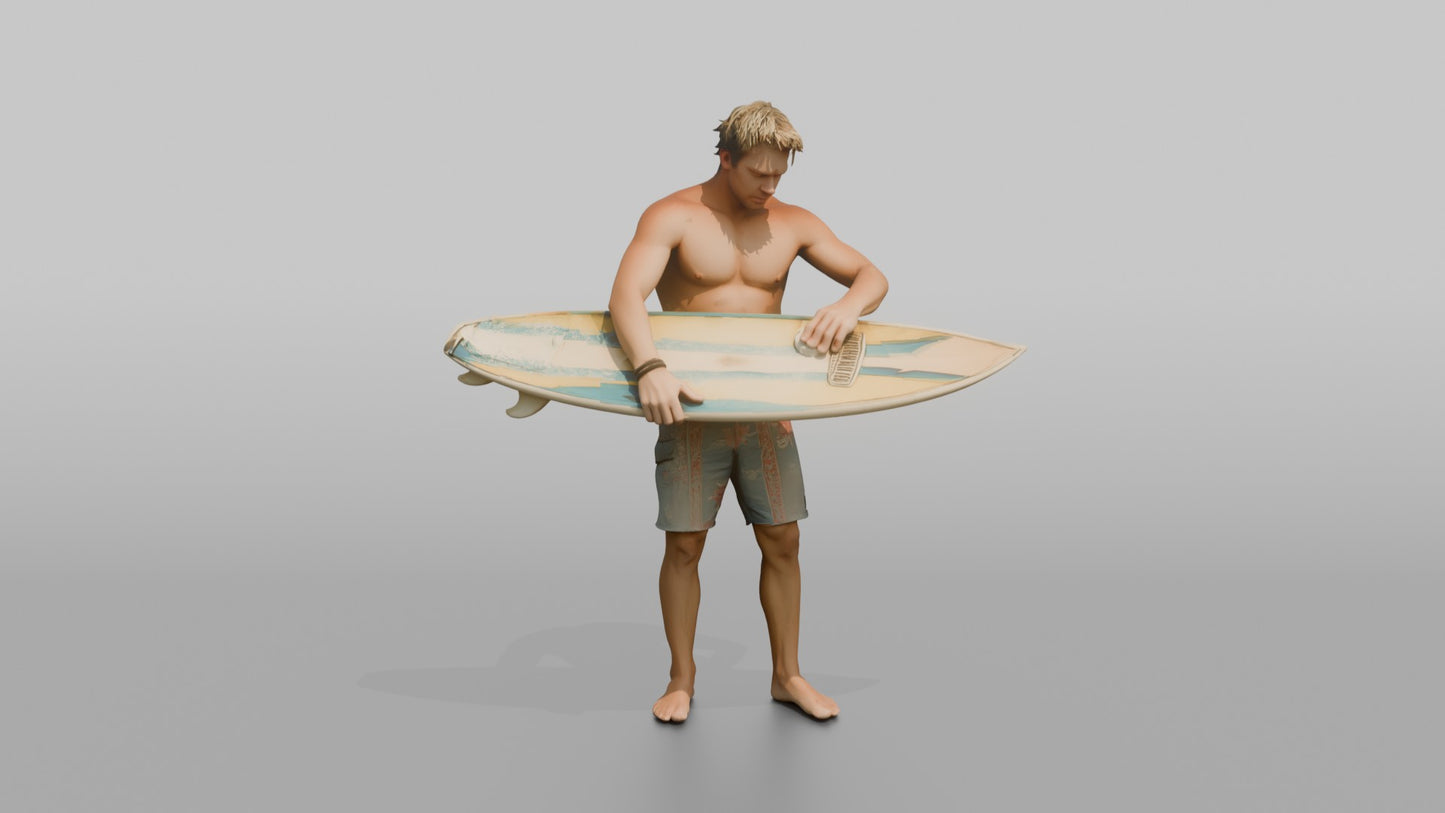 Surfer Waxing His Surfboard
