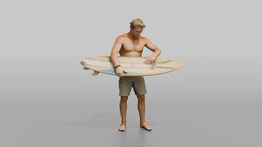 Surfer Waxing His Surfboard - 3D character model, view 1