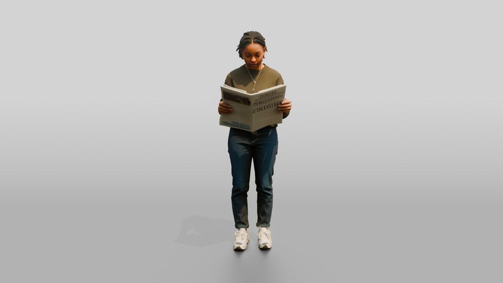 Homeless Woman Reading a Folded Newspaper