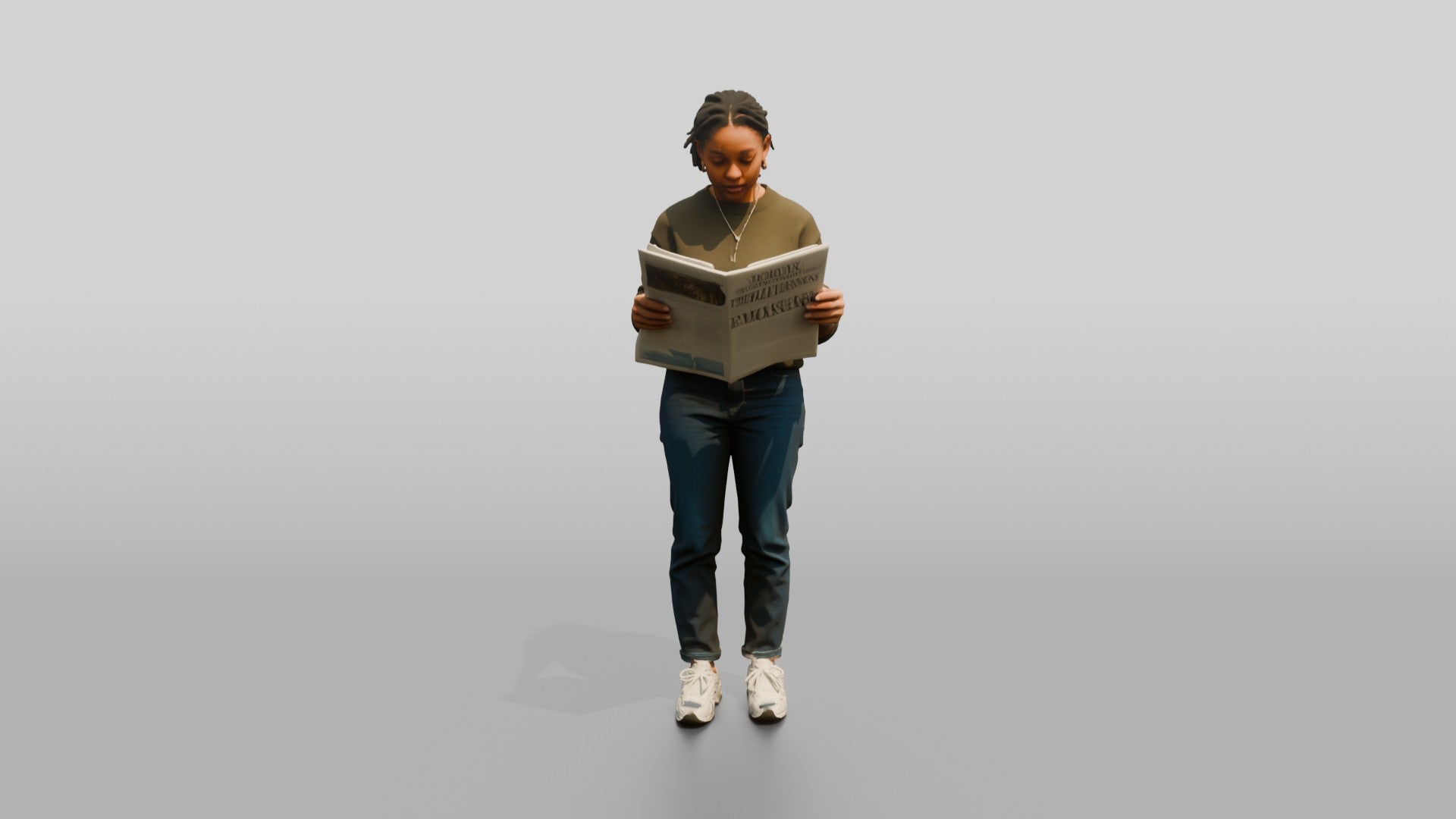 Homeless Woman Reading a Folded Newspaper