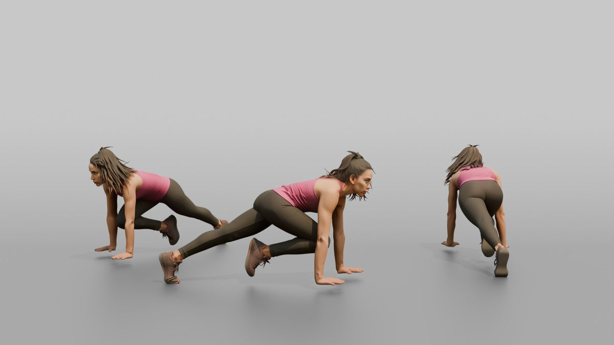 Bodyweight Athlete Woman In A Mountain-climber Position - 3D character model, view 1