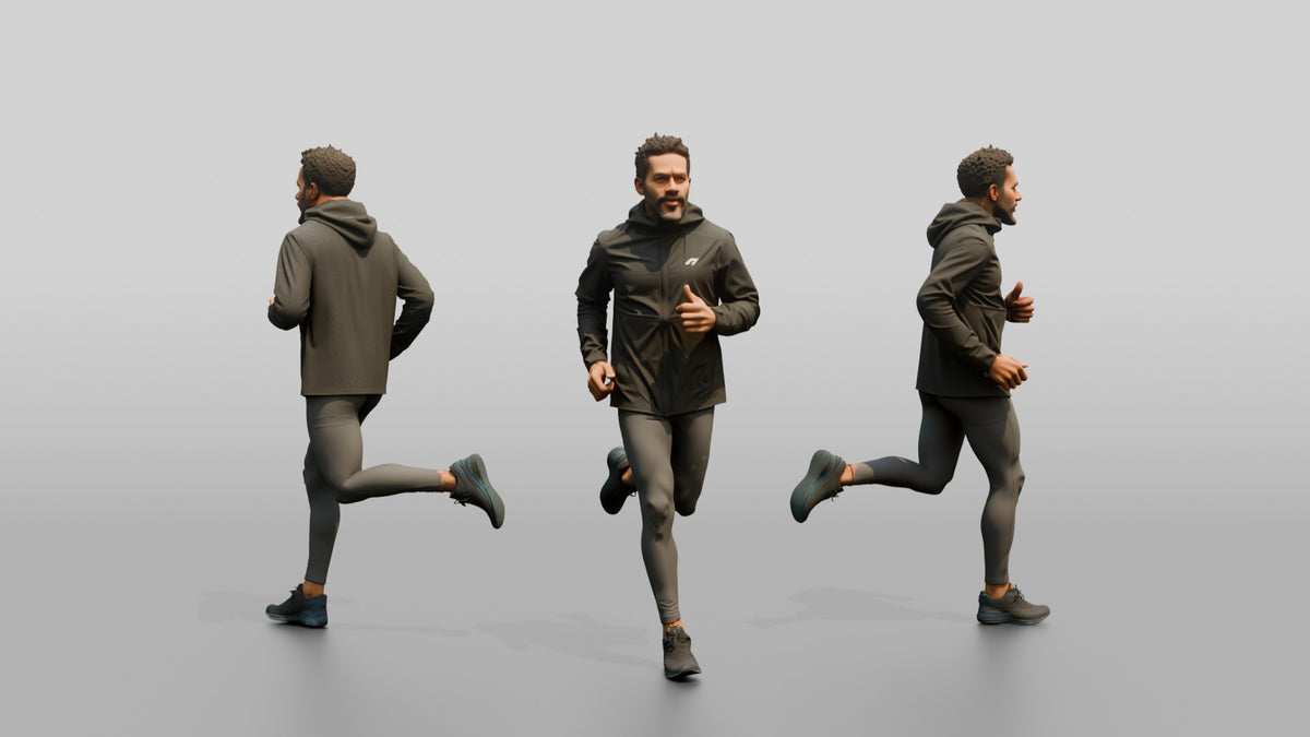 Caribbean Man Jogging in Black Raincoat - 3D character model