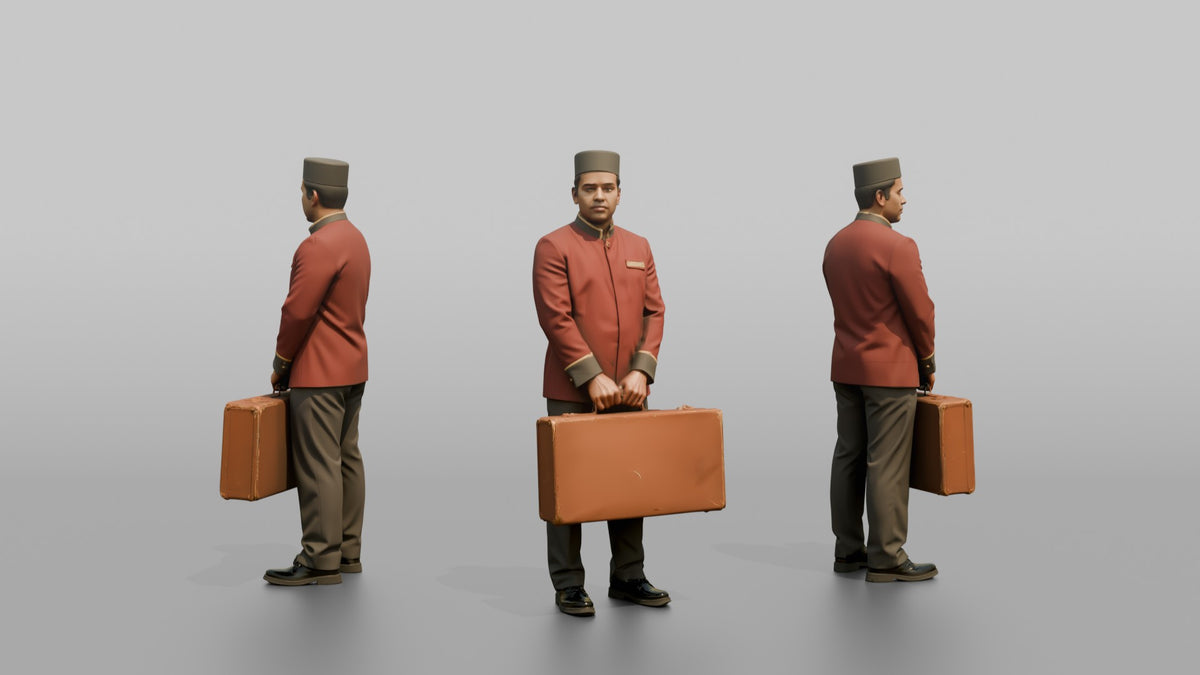 Bellhop Man Carrying A Single Large Suitcase With Both Hands - 3D character model, view 1