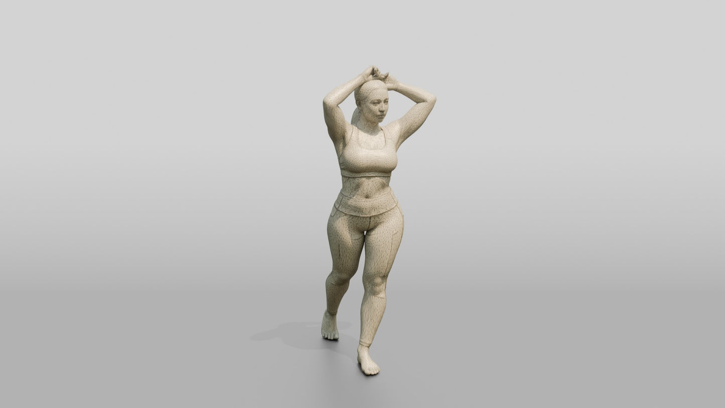 Curvy Woman in Rose Activewear Arms Raised to Her Hair