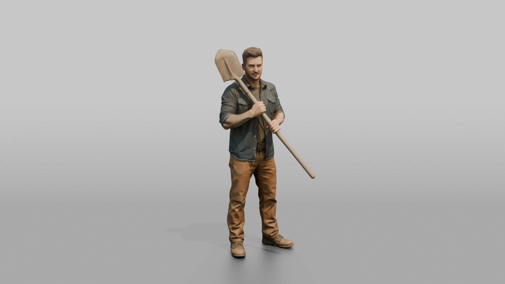 Farmer Holding Heavy Steel Shovel Resting Over
