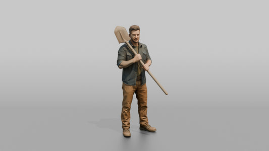 Farmer Holding Heavy Steel Shovel Resting Over - 3D character model