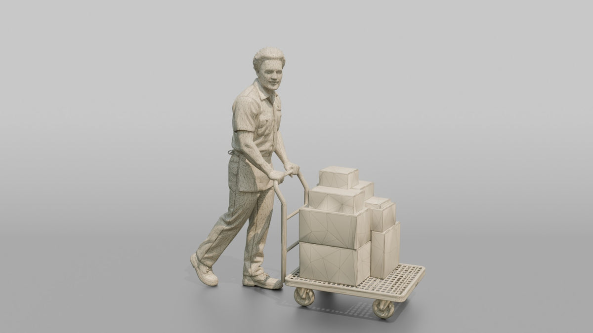 Man Stock Clerk Pushing A Flatbed Cart Loaded With Boxes - wireframe topology preview