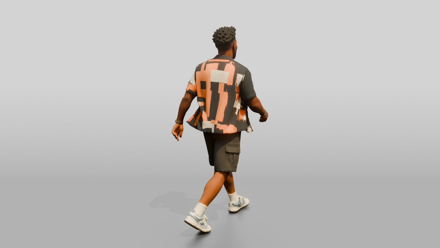 African-American Man Walking Dynamically in Patterned Shirt