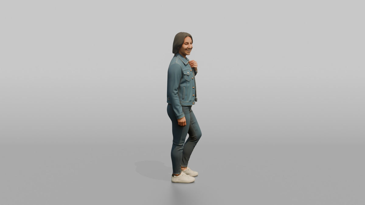 Woman Customer Trying On A Denim Jacket - 3D character model, view 2