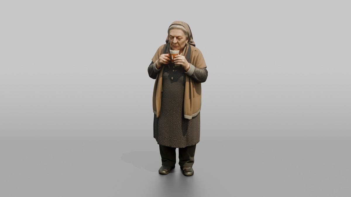 Grandmother Holding A Cup Of Tea, Blowing On It Gently - 3D character model, view 4