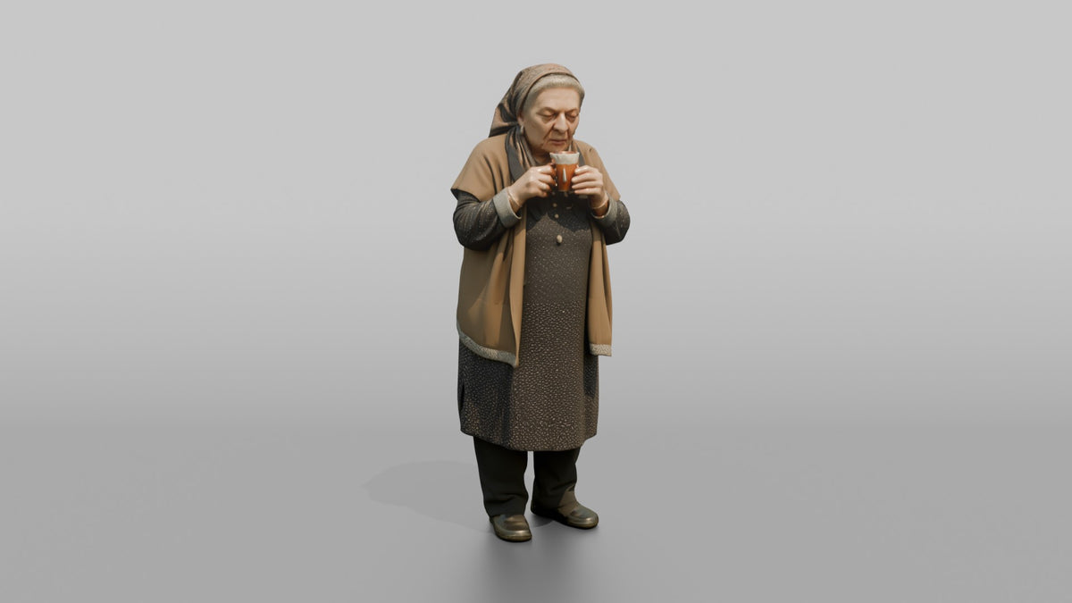Grandmother Holding A Cup Of Tea, Blowing On It Gently - 3D character model, view 5