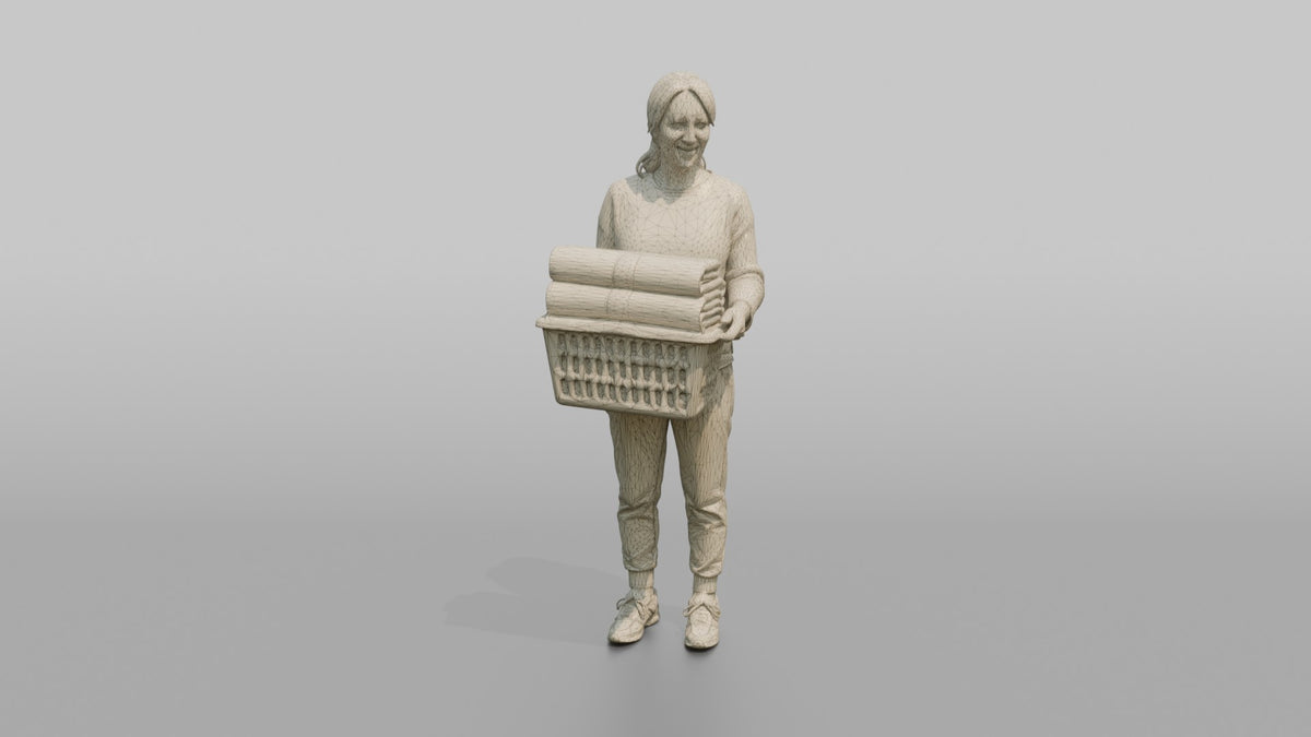 Mother Holding A Laundry Basket Full Of Folded Towels - wireframe topology preview