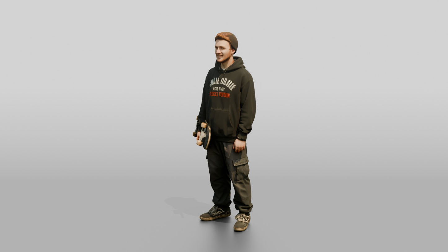 Skater Man in Graphic Hoodie with Skateboard