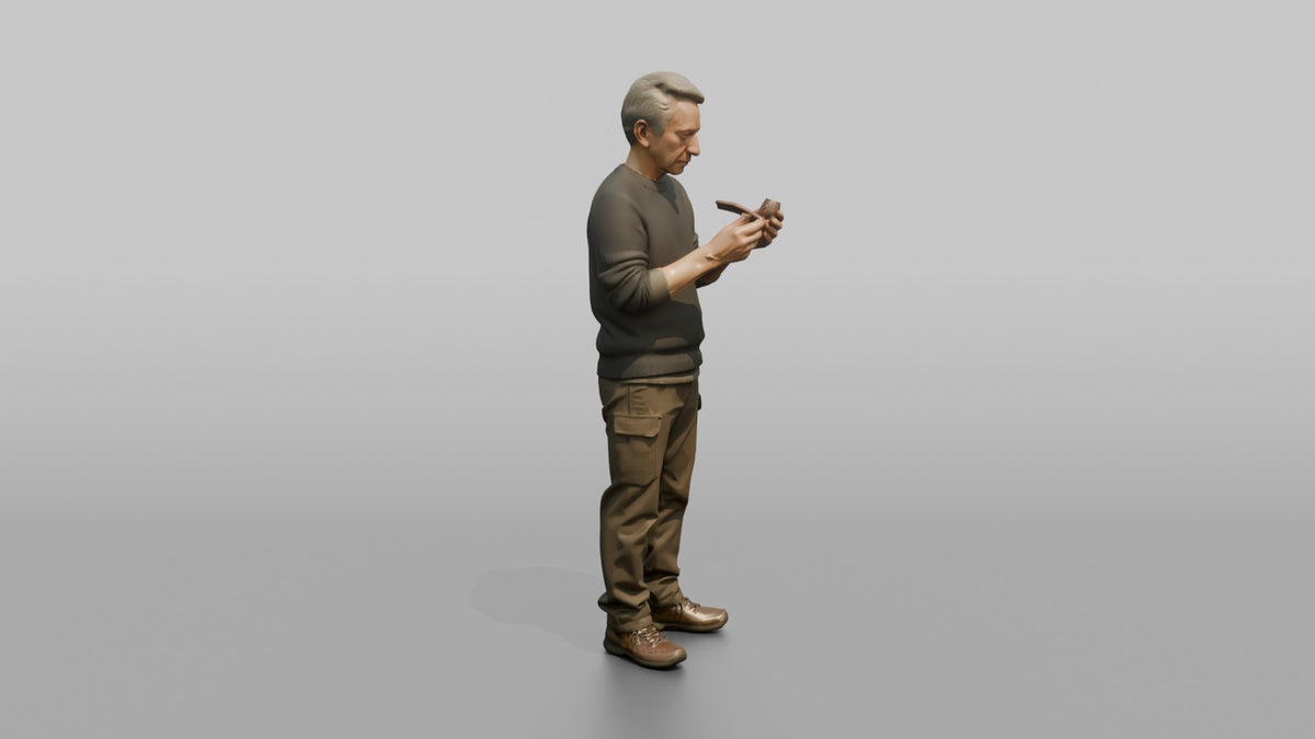 Grandfather Holding A Pipe, Examining It Thoughtfully - 3D character model, view 2
