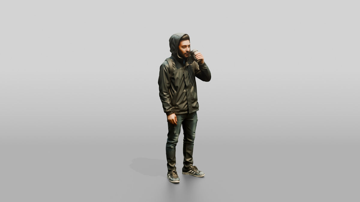 Black Man in Hooded Jacket Drinking Coffee - 3D character model, view 1