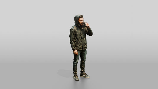 Black Man in Hooded Jacket Drinking Coffee - 3D character model, view 1