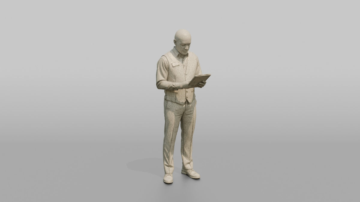 Man Sales Associate Holding A Tablet, Checking Something On The Screen - wireframe topology preview