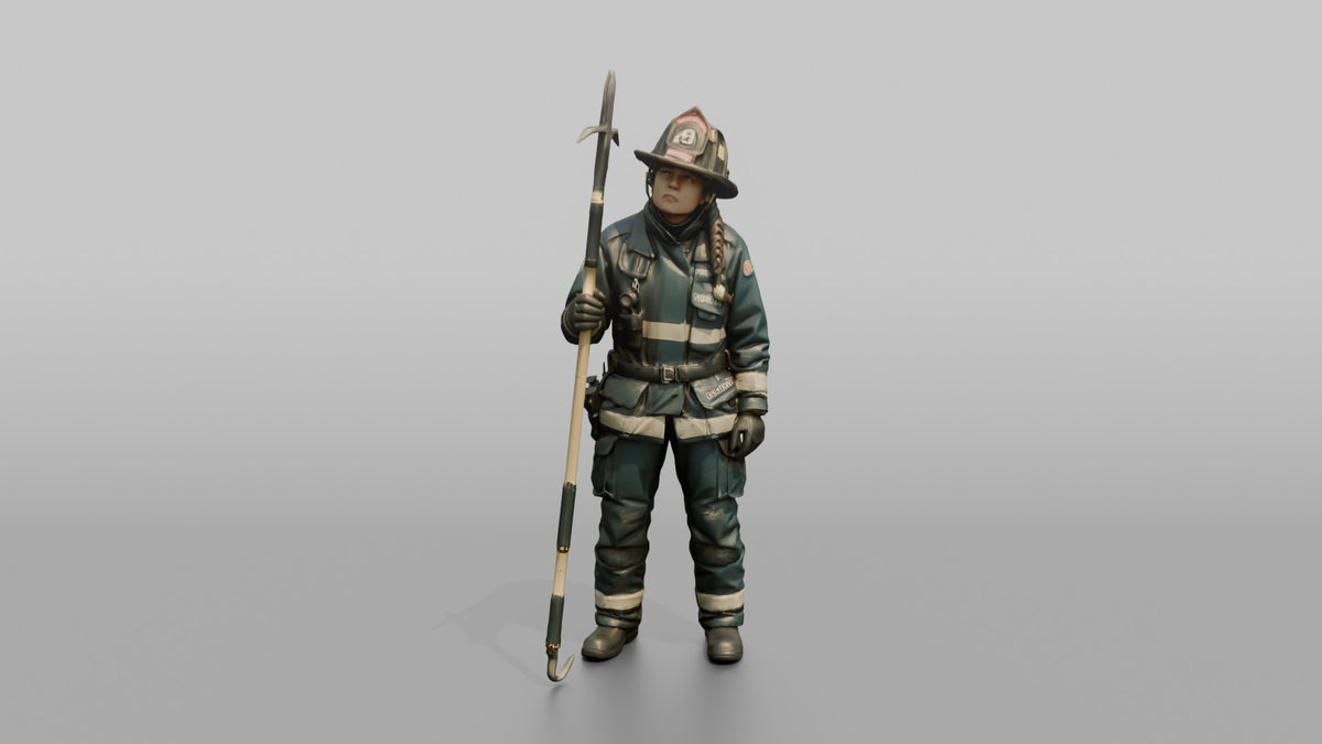 Firefighter Woman Scanning Overhead While Holding a Pike Pole - 3D character model, view 5