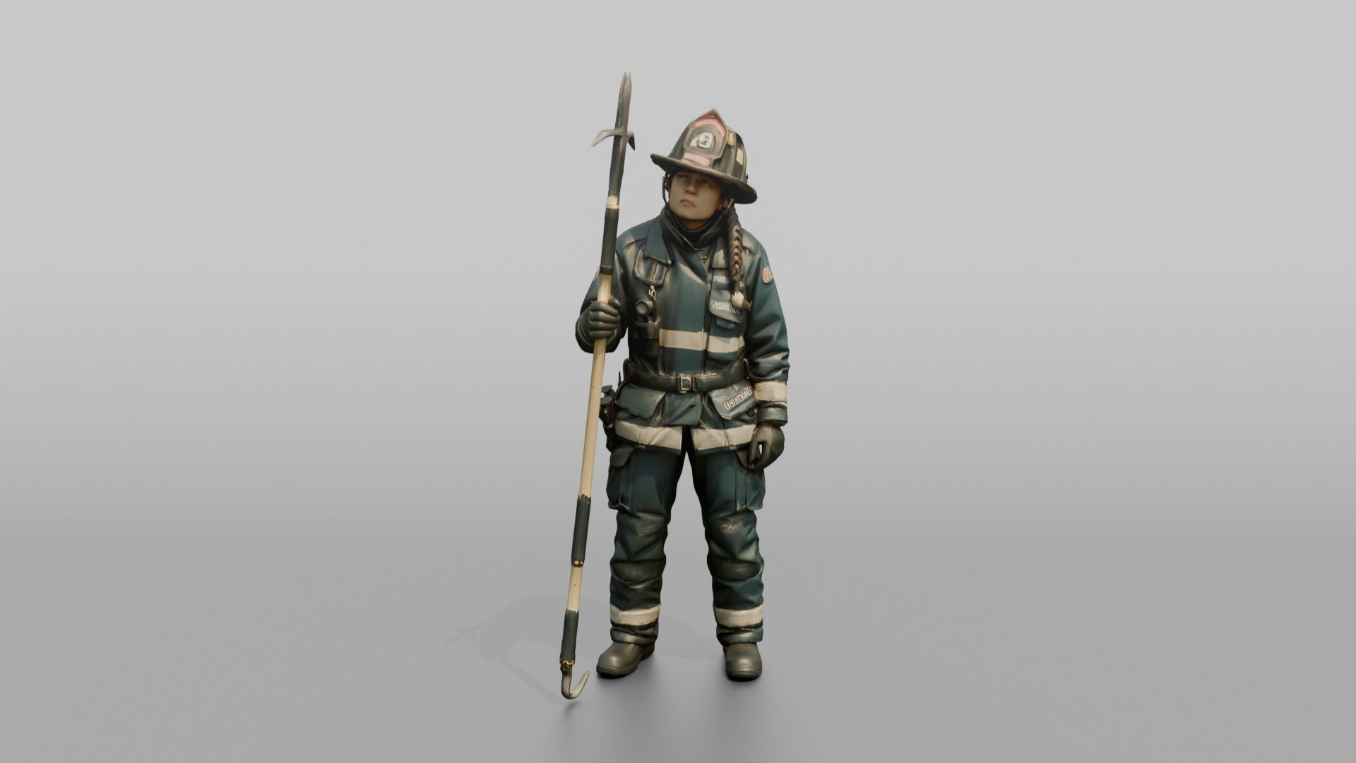 Firefighter Woman Scanning Overhead While Holding a Pike Pole