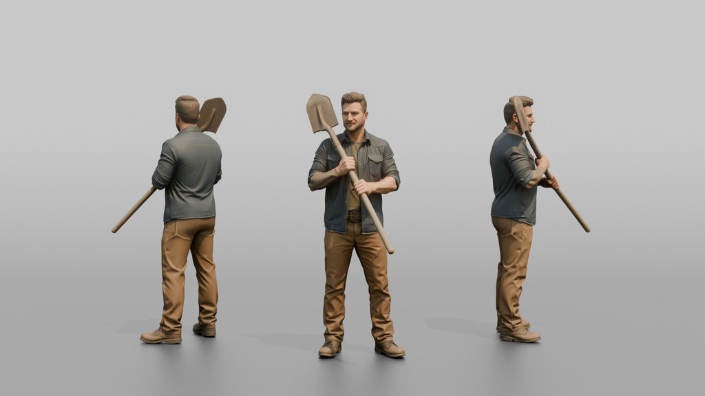 Farmer Holding Heavy Steel Shovel Resting Over