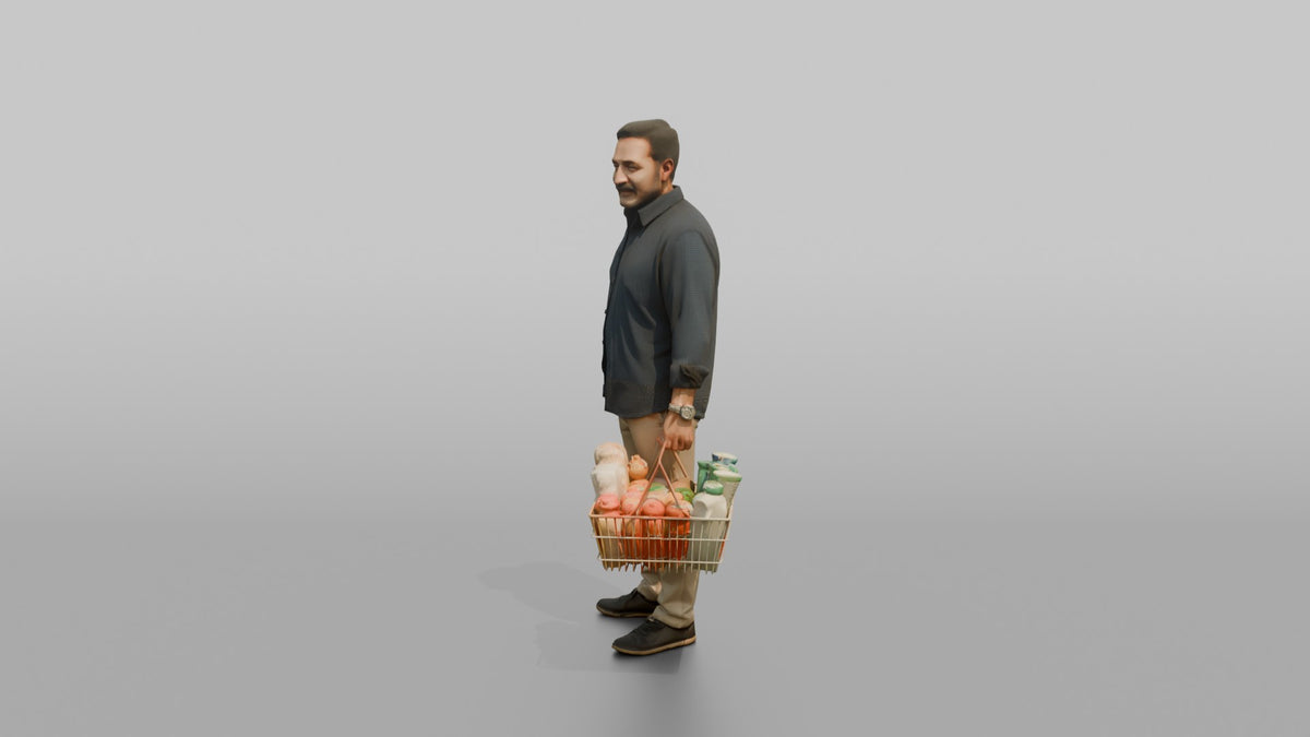 Man Customer Standing With A Full Shopping Basket - 3D character model, view 4