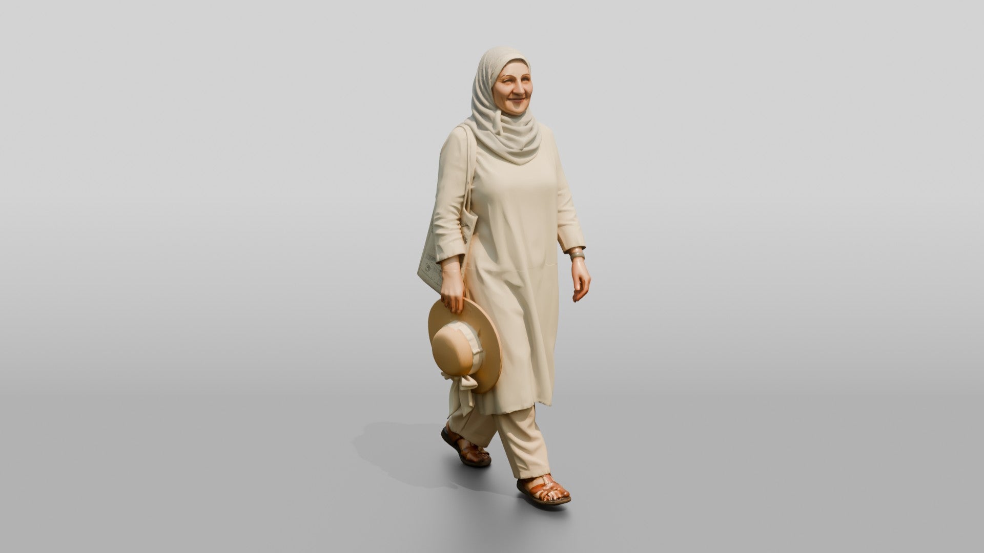 Middle-Aged Iraqi Woman in Hijab Carrying a Summer Hat