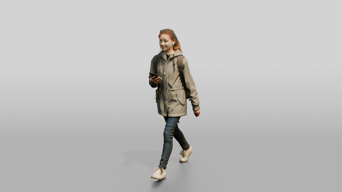 White Teen Girl Listening to Music in Grey Raincoat