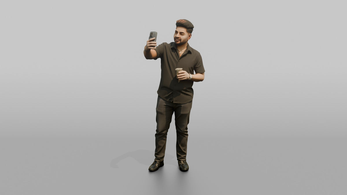 Patron Man Holding A Drink And A Phone, Taking A Photo - 3D character model, view 5
