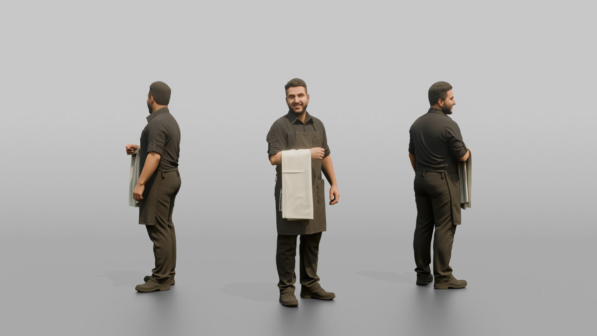 Server Man Draping A Table Cloth Over One Arm - 3D character model, view 1