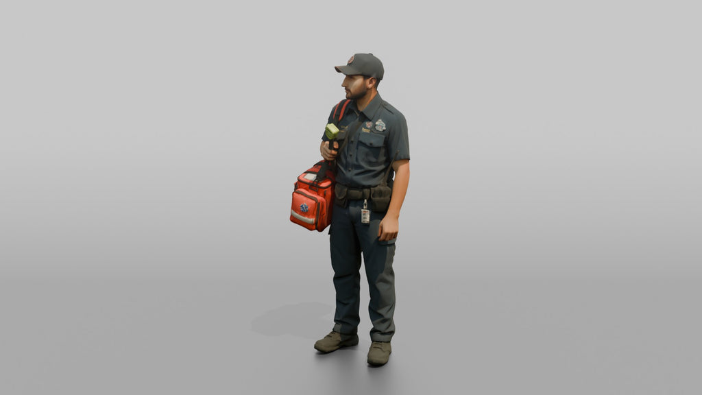 Firefighter Man Carrying a Bright Red Medical Emergency Trauma Bag