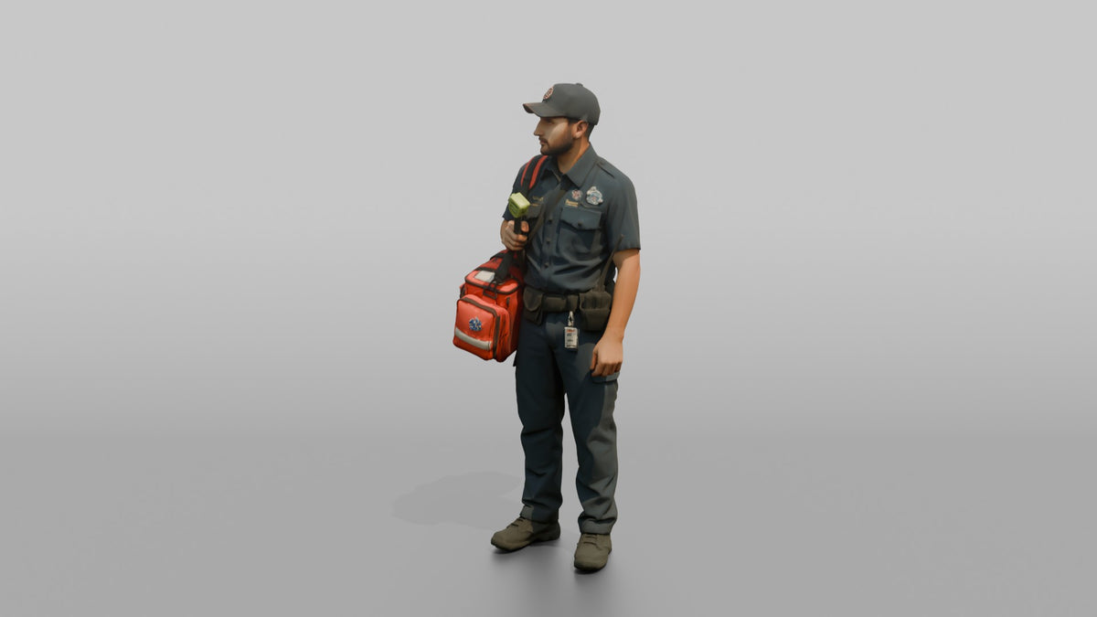 Firefighter Man Carrying a Bright Red Medical Emergency Trauma Bag - 3D character model, view 4