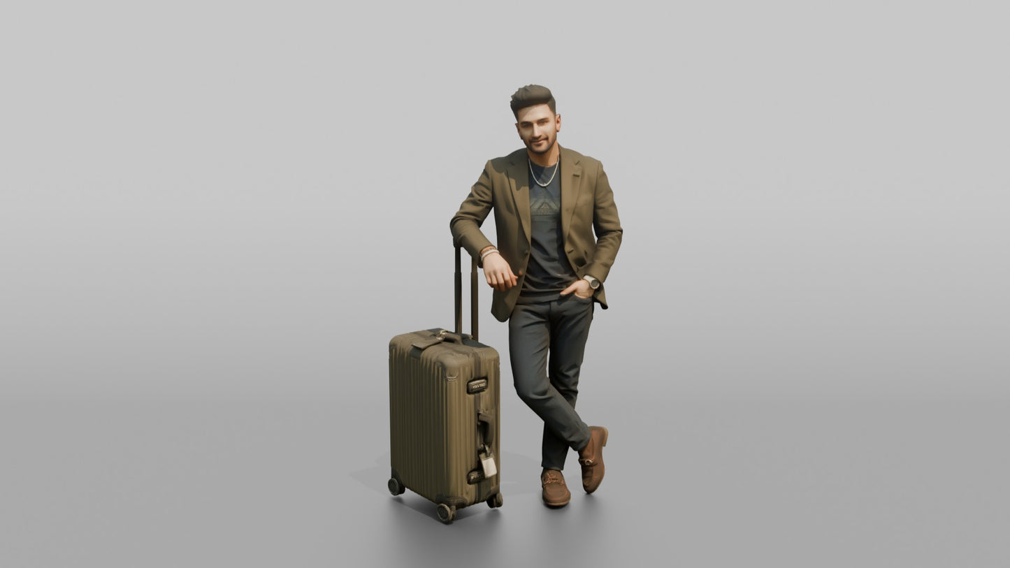 Vacationer Leaning On Large Spinner Suitcase