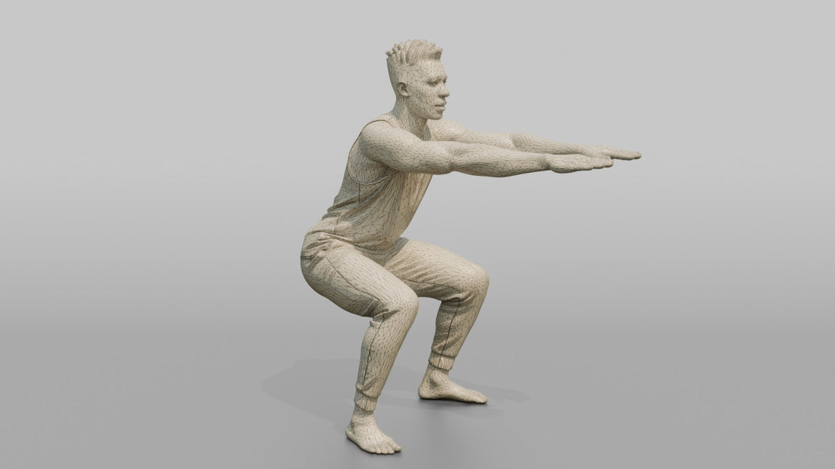 Fitness Influencer Man Doing A Bodyweight Squat, Arms Extended Forward - wireframe topology preview