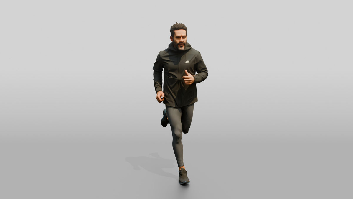 Caribbean Man Jogging in Black Raincoat - 3D character model, view 5