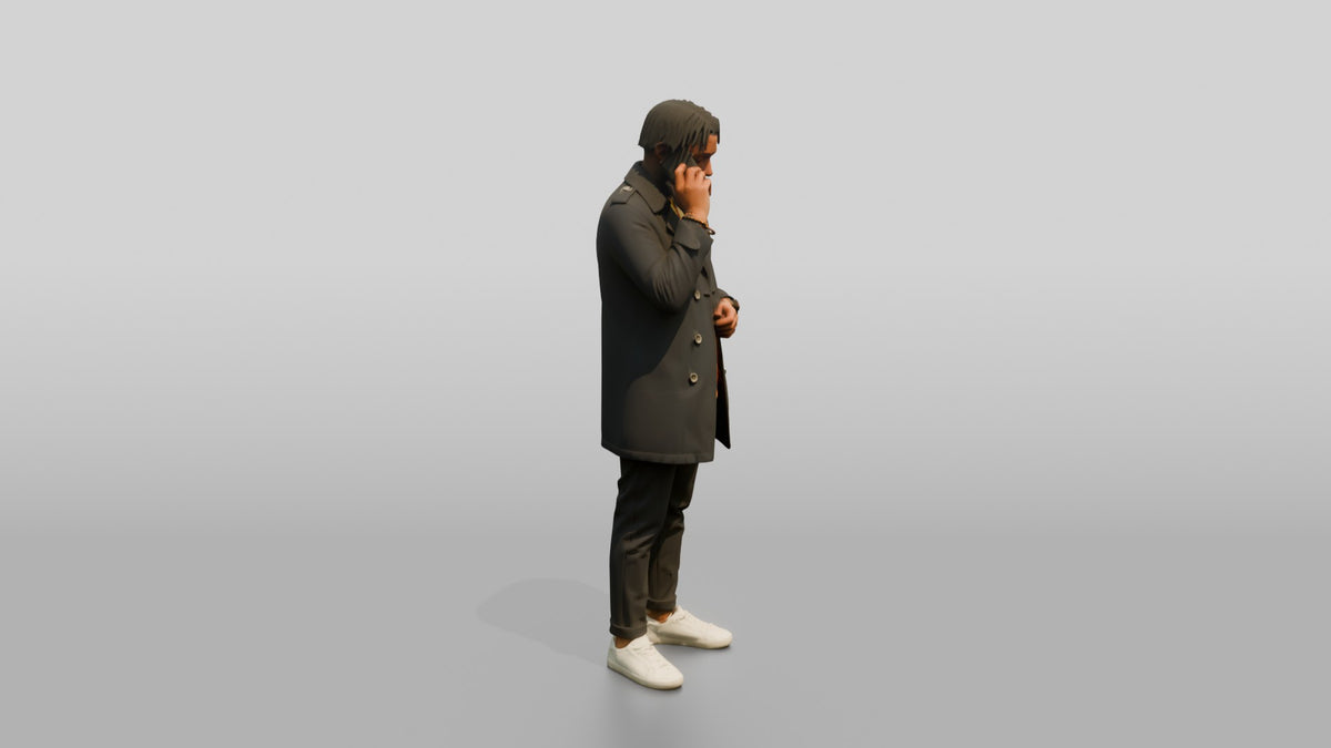 Stylish African Man in a Trench Coat on His Phone - 3D character model, view 2