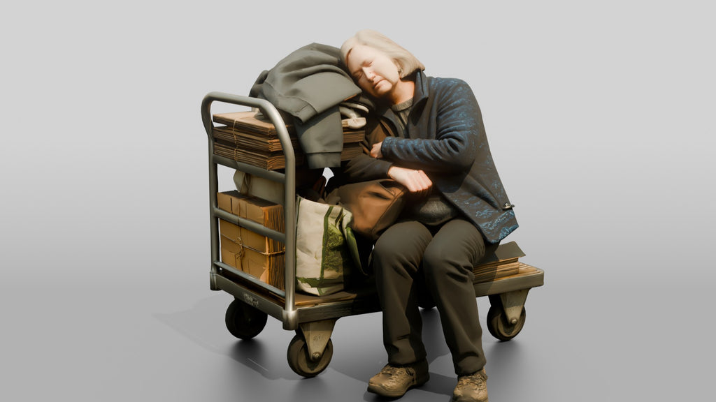 Homeless Woman Sleeping Resting Against a Stacked Cart